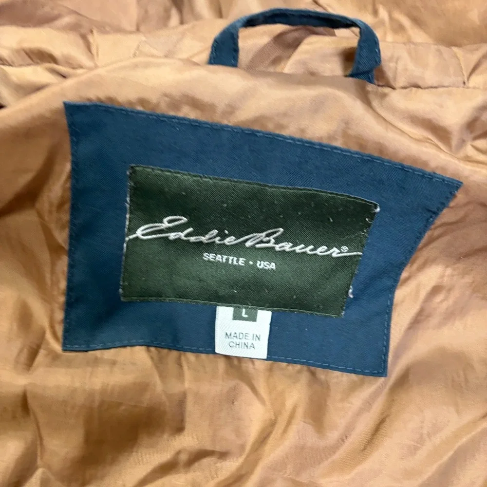 Eddie Bauer EB650 Goose Down Puffer Jacket Blue Large Coat Winter Hooded